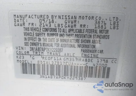 2019 Nissan Sentra Sv z USA, uszkodzony, nr VIN 3N1AB7AP0KY229387